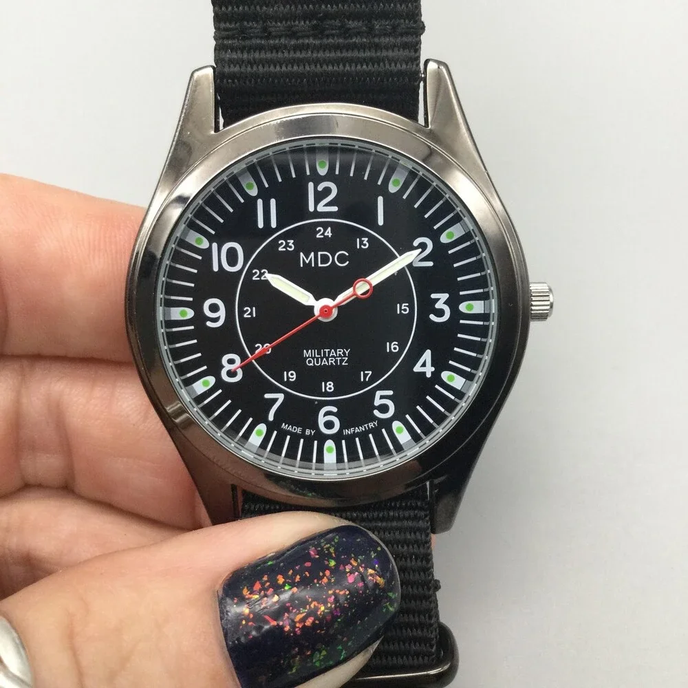 MDC Military Quartz Mens Watch 40mm Black Dial Silver Tone Nylon New Battery